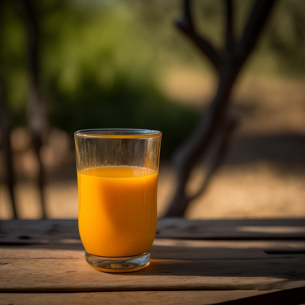 vaso de jugo de naranja en imágenes de ilustración de fondo de mesa de madera generadas por AI