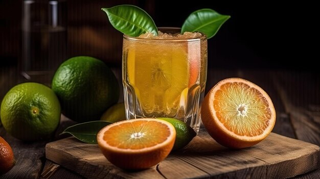 Un vaso de jugo de naranja y jugo de Naranja en una jarra de vidrio con frutas frescas en la mesa de madera Jugo de narenja y frutas frescos vida muerta