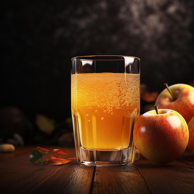 Vaso de jugo de naranja junto a dos manzanas