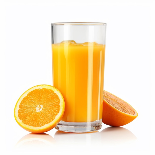 un vaso de jugo de naranja junto a dos naranjas