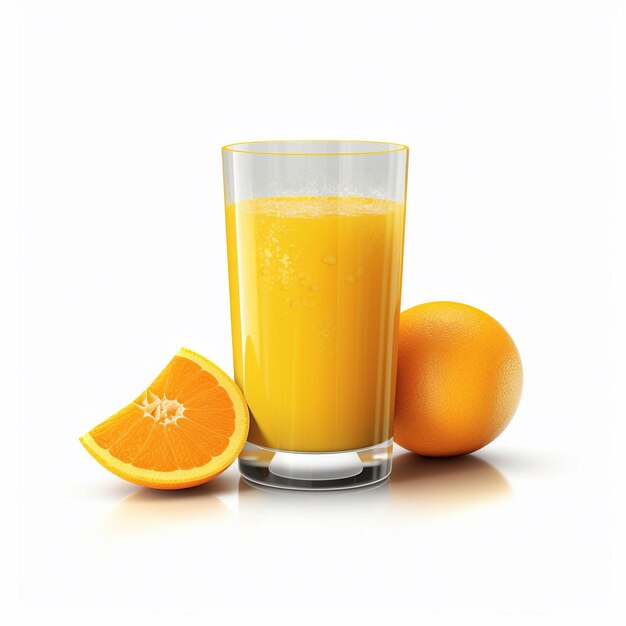 un vaso de jugo de naranja junto a dos naranjas