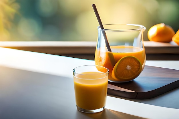 un vaso de jugo de naranja junto a una jarra de jugo de naranja.