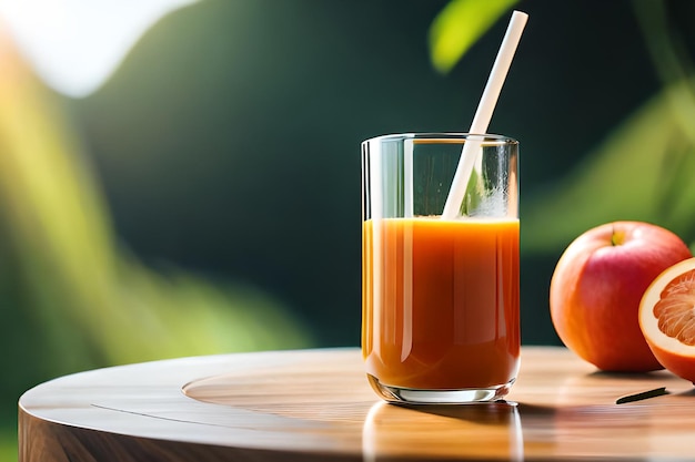 Un vaso de jugo de naranja junto a una manzana en una mesa de madera.