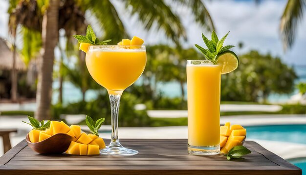 Foto un vaso de jugo de naranja junto a una piña y un vaso de cóctel