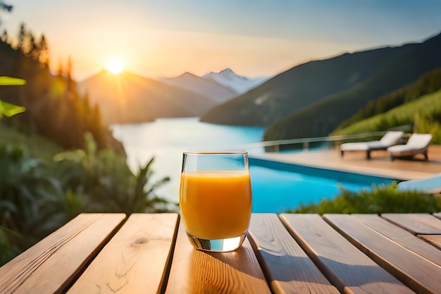 Vaso de jugo de naranja junto a una piscina con vista a un lago de montaña.