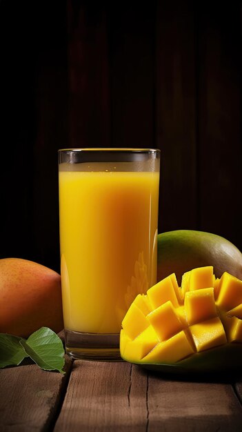 Un vaso de jugo de naranja junto a un plato de mangos IA generativa