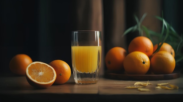 Un vaso de jugo de naranja junto a un tazón de naranjas.