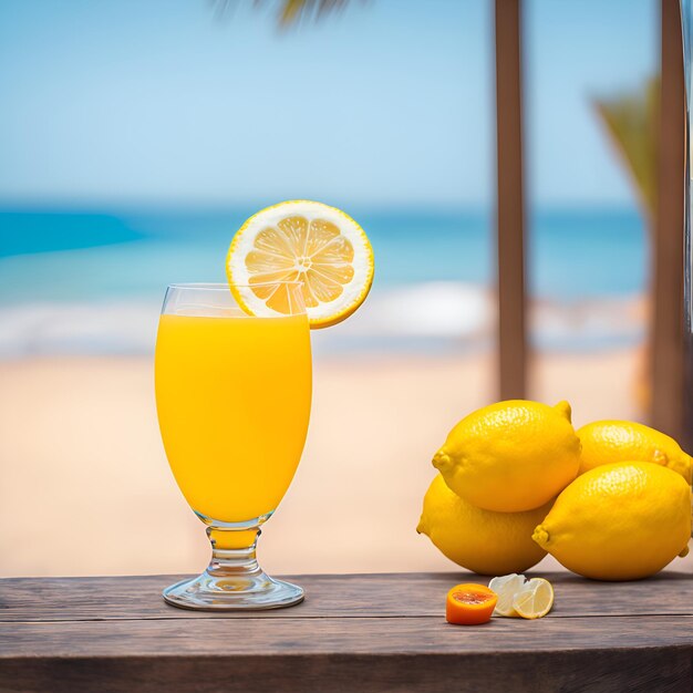 Un vaso de jugo de naranja y unos limones sobre una mesa.