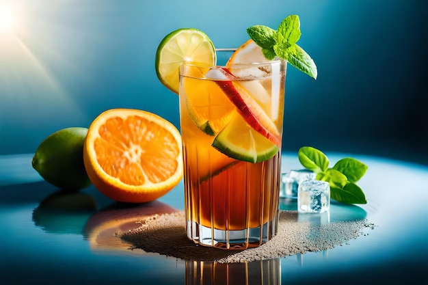 Un vaso de jugo de naranja con una manzana verde en el borde y una rodaja de naranja en el borde.