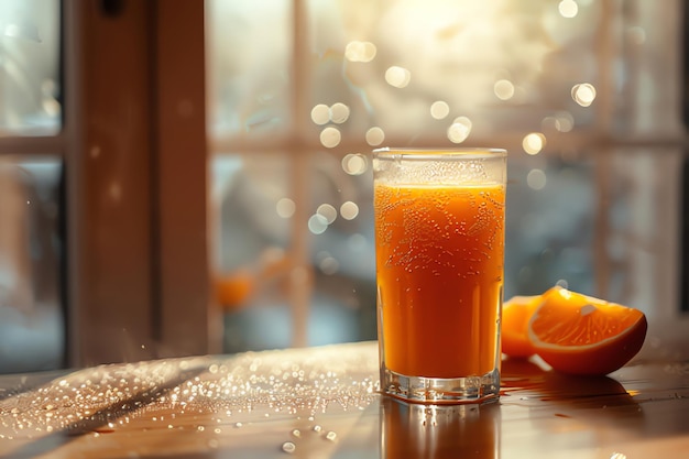 Un vaso de jugo de naranja en la mesa en un café de primer plano