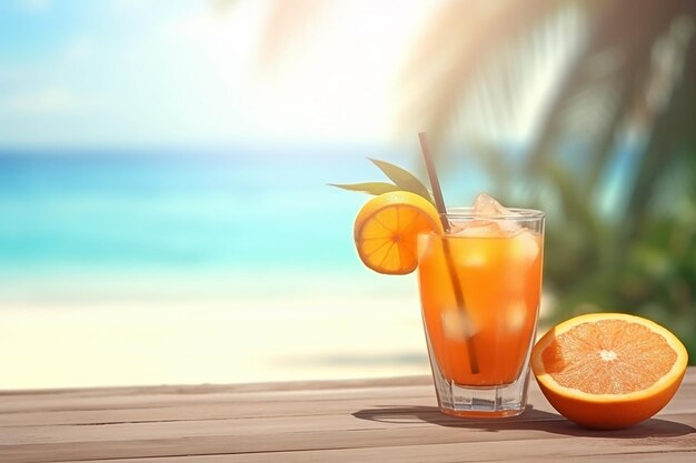 Un vaso de jugo de naranja en una mesa junto a la playa con el fondo del mar