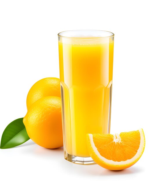 Un vaso de jugo de naranja y una naranja aislada sobre un fondo blanco