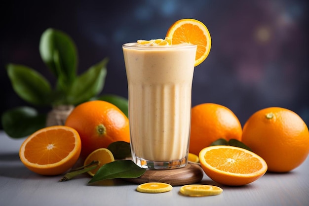 Un vaso de jugo de naranja con naranjas y una canasta de naranjas.