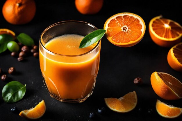 Foto un vaso de jugo de naranja con naranjas y una hoja verde