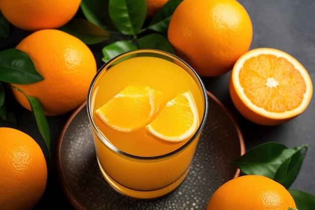 Un vaso de jugo de naranja con naranjas en un plato.