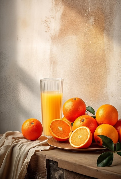 Un vaso de jugo de naranja y naranjas sobre fondo de piedra clara Limonada de naranja fresca de verano