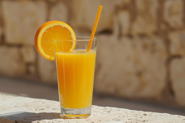 Un vaso de jugo de naranja con paja en piedra