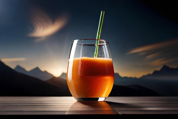 un vaso de jugo de naranja con una paja verde en él