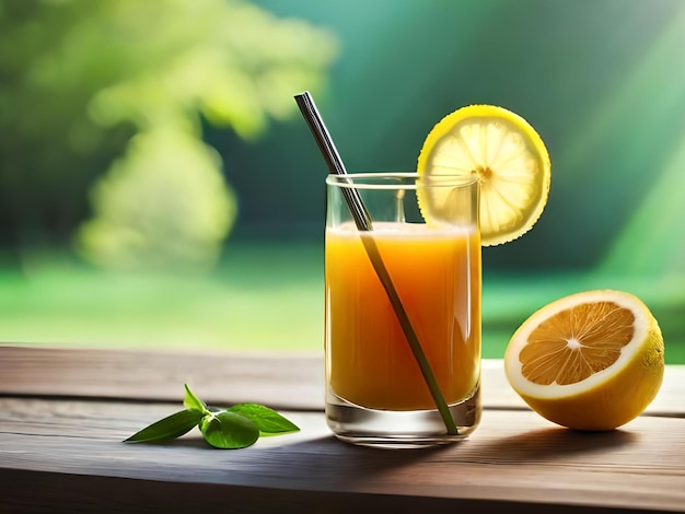 Un vaso de jugo de naranja con una pajita al lado y medio limón sobre una mesa de madera.