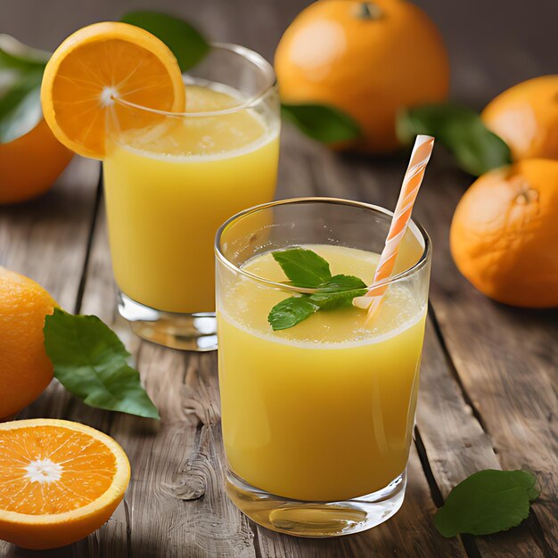 un vaso de jugo de naranja con una pajita en él y dos vasos de jugo De naranja en una mesa de madera