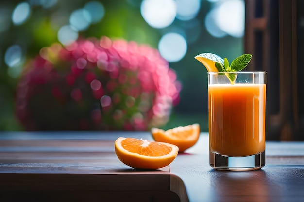 un vaso de jugo de naranja con una pajita en él