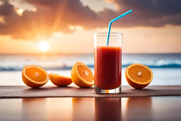 Un vaso de jugo de naranja con una pajita en el fondo de una puesta de sol.