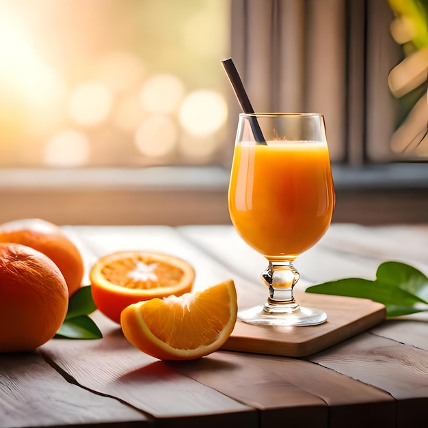 Un vaso de jugo de naranja con una pajita junto a un vaso de jugo de naranja.