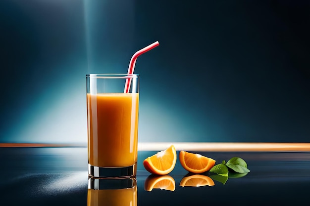 Un vaso de jugo de naranja con una pajita roja y hojas sobre la mesa.