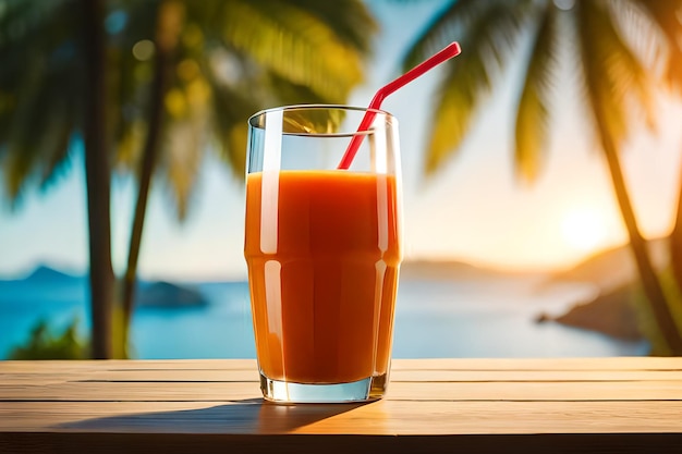 Un vaso de jugo de naranja con una pajita roja se sienta en una mesa de madera frente a una playa tropical.