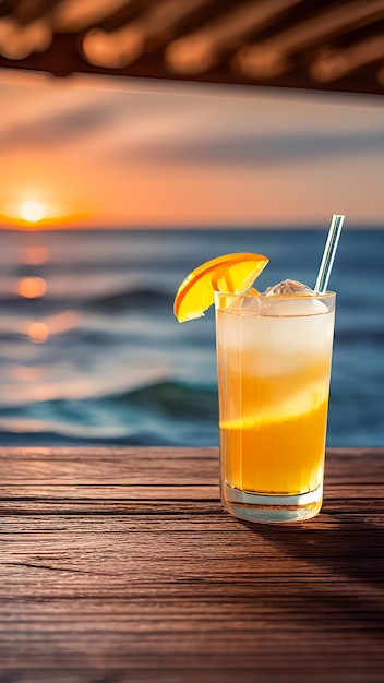 Un vaso de jugo de naranja con una pajita sobre la mesa al atardecer Verano