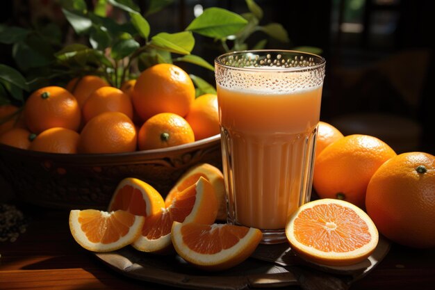 Un vaso de jugo de naranja con la palabra naranja generativa IA