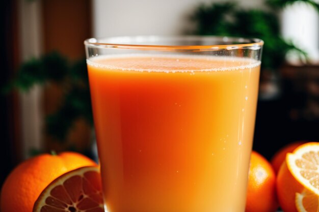 Un vaso de jugo de naranja con la palabra naranja