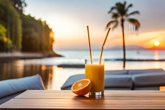 Un vaso de jugo de naranja con una palmera en el fondo.