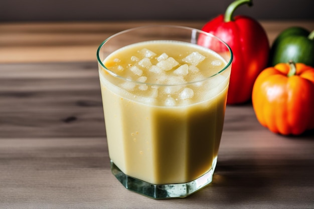 Un vaso de jugo de naranja con un pimiento rojo al lado.