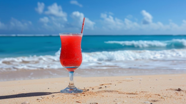 Un vaso de jugo de naranja en la playa de arena