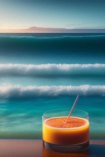 Foto un vaso de jugo de naranja en una playa con una playa al fondo.