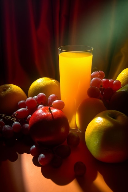 Un vaso de jugo de naranja y un racimo de uvas están sobre una mesa.