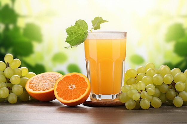 Un vaso de jugo de naranja con un ramo de uvas verdes en él