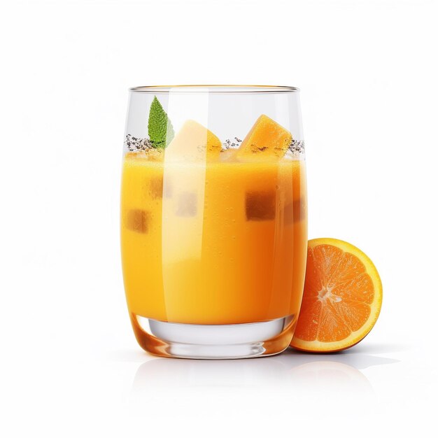 un vaso de jugo de naranja con una rebanada de limón y un vaso medio lleno de jugo De naranja