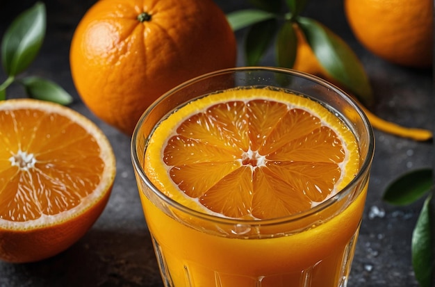 Un vaso de jugo de naranja con una rebanada de o