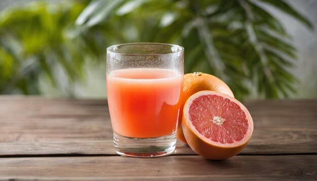 Un vaso de jugo de naranja y una rebanada de pomelo en una mesa de madera