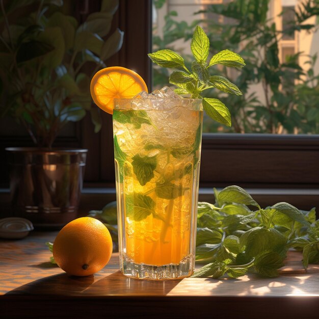 Foto un vaso de jugo de naranja recién exprimido la luz del sol iluminando las pequeñas partículas de pulpa