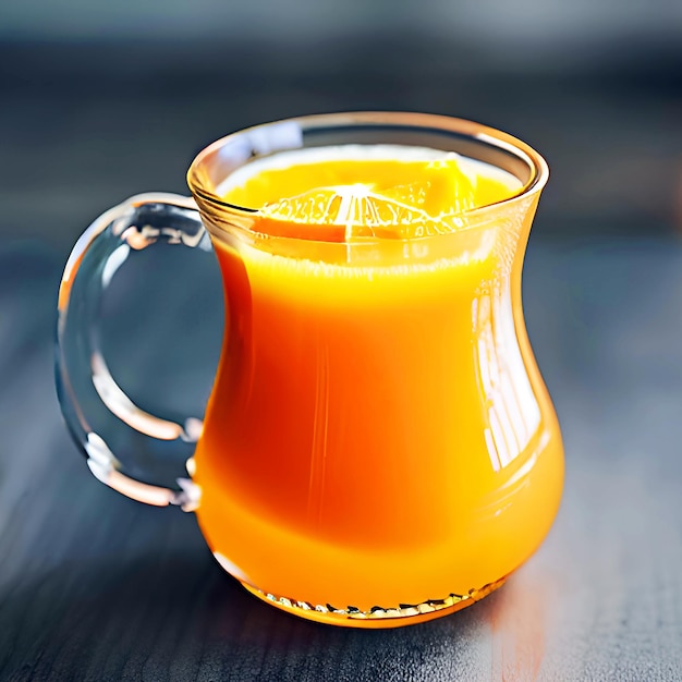 Un vaso de jugo de naranja con una rodaja de limón