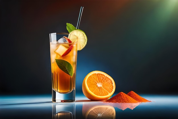 Un vaso de jugo de naranja con una rodaja de naranja al lado y una rodaja de naranja al lado.