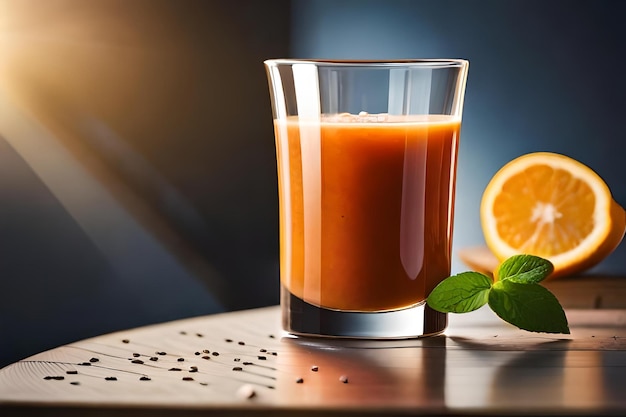 Un vaso de jugo de naranja con una rodaja de naranja al lado