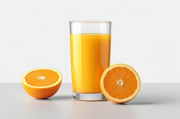 Un vaso de jugo de naranja con rodajas de naranja aislado sobre fondo blanco.