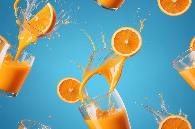 Un vaso de jugo de naranja y salpicaduras 3d hacen un cóctel de narenja y un salpicado de líquido