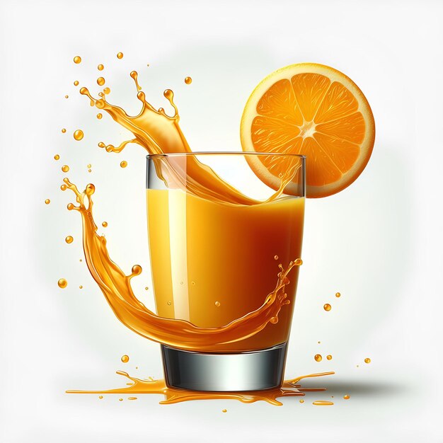 vaso con jugo de naranja con salpicaduras de jugo de Naranja aisladas sobre fondo blanco