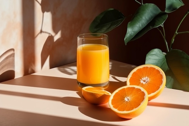 Un vaso de jugo de naranja se sienta en una mesa al lado de dos naranjas.