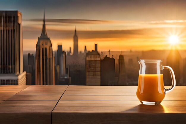 Un vaso de jugo de naranja se sienta en una mesa frente a un paisaje urbano.